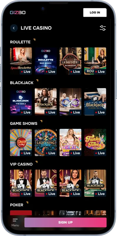 Gizbo casino phone screen live casino page