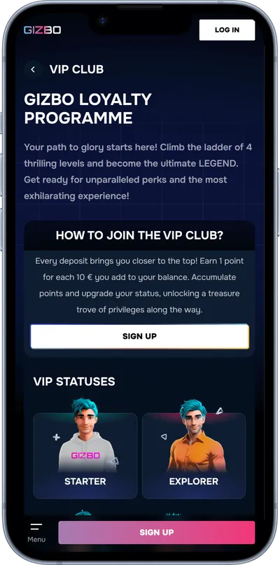 Gizbo casino phone screen vip club page